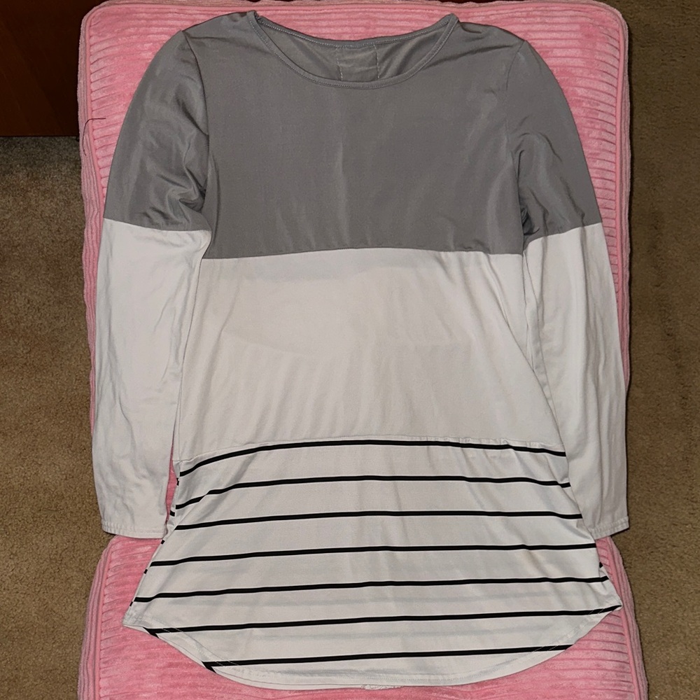 Chic Gray and White Striped Long Sleeve Top